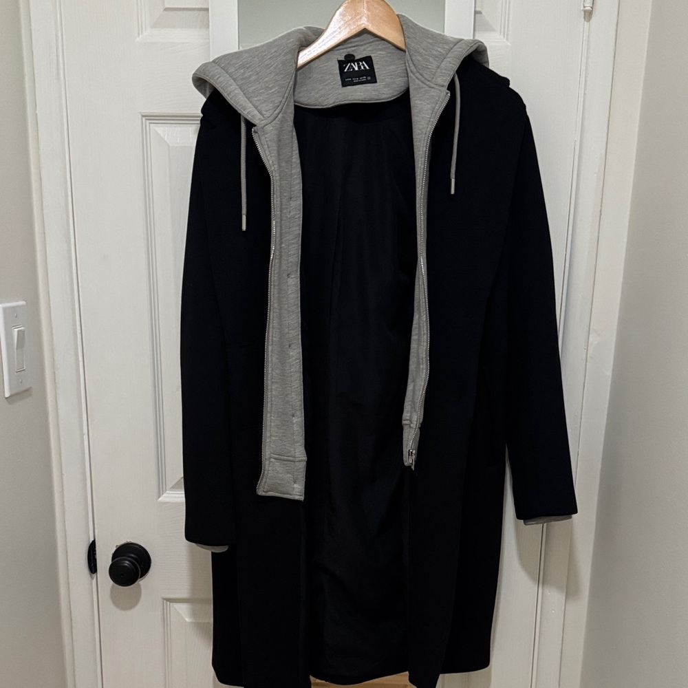 Zara Black Coat with Gray Attached Hoodie Layer